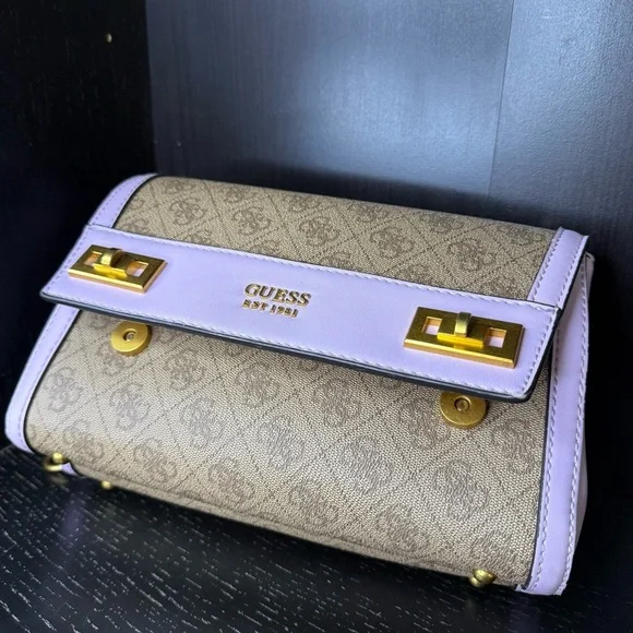 GUESS Katey Flap Shoulder Bag Lilac Rare Quilted Purse Crossbody Lavender Cream - Picture 12 of 15